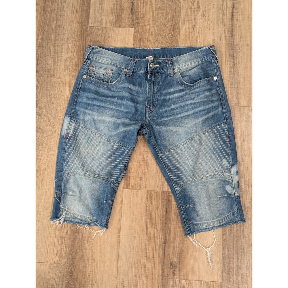 True Religion Slim Moto Denim Shorts Mens 40 Distressed Biker Jorts Raw Hem Y2K